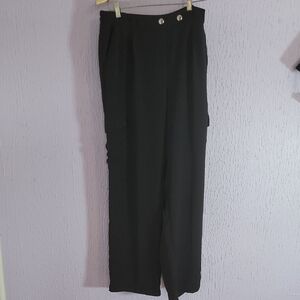 Flirtatious, Size L. Elegant Black Women's Pants, Wide leg & pockets
